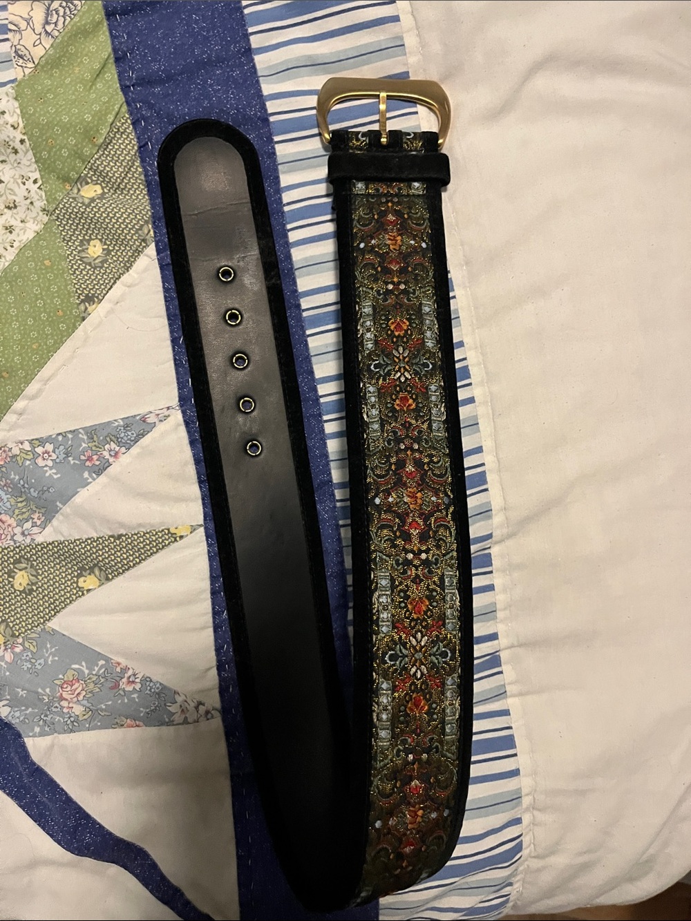 Liz Claiborne Black Belt with Multicolor Tapestry Design and Gold Buckle